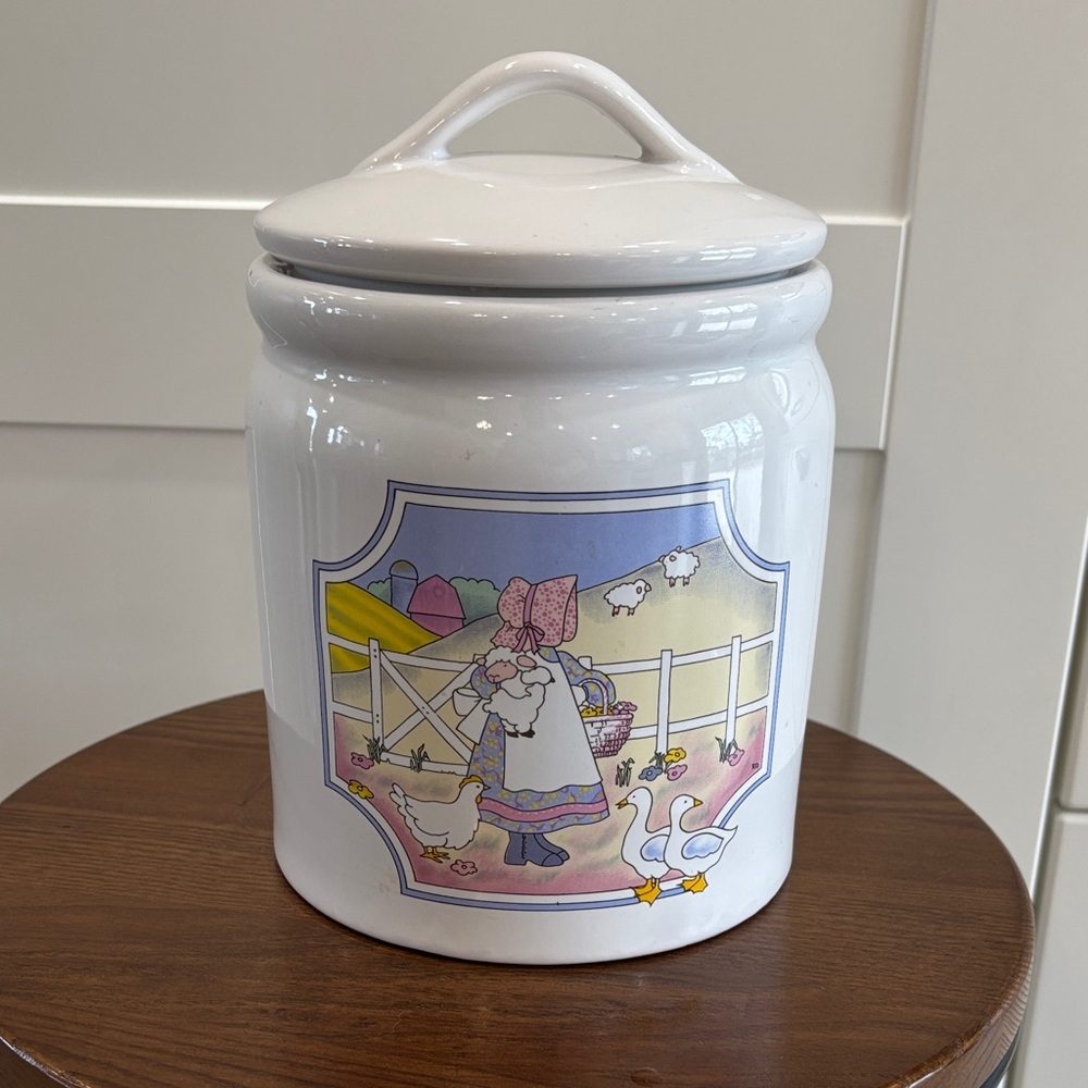 Vintage White Ceramic Canister Jar with Pastel Farmgirl Scene size medium